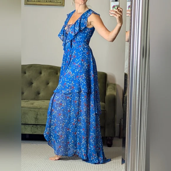 Lulu's Floral Ruffle Hi-Lo Dress Size XS Blue Vacation - Picture 9 of 13